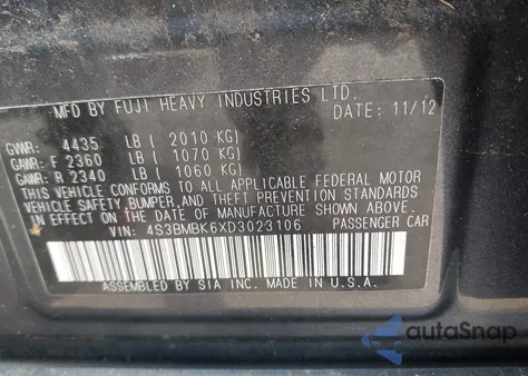 2013 Subaru Legacy 2.5I Limited from USA, damaged, VIN 4S3BMBK6XD3023106